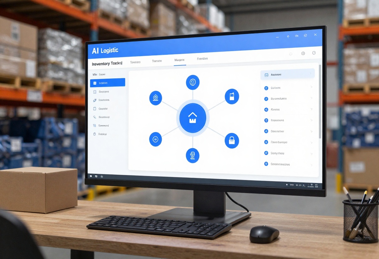 Warehouse management system with AI-powered inventory tracking, automated stock monitoring, supply chain optimization dashboard, logistics technology interface, cinematic lighting, photorealistic, 8k resolution, high detail, vibrant colors, professional photography, modern business solution