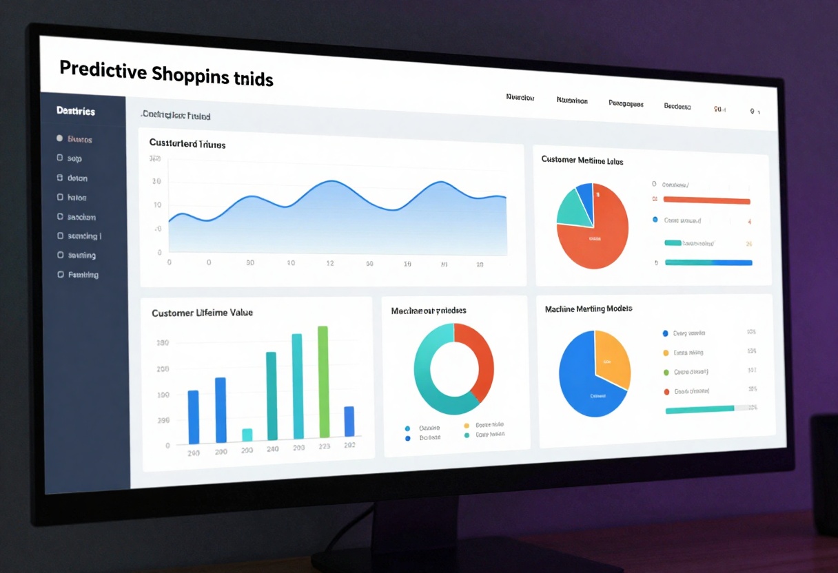 Predictive analytics dashboard showing future shopping trends, forecasting graphs, customer lifetime value predictions, machine learning models, business intelligence platform, cinematic lighting, photorealistic, 8k resolution, high detail, vibrant colors, professional photography