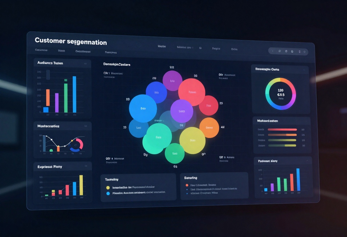 Customer segmentation visualization, demographic clusters on digital interface, audience targeting dashboard, marketing analytics platform, colorful data visualization, cinematic lighting, photorealistic, 8k resolution, high detail, vibrant colors, professional photography, modern marketing technology