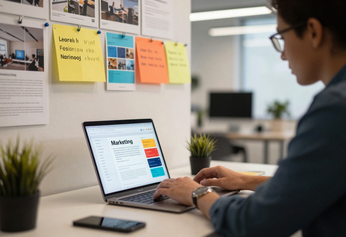 Marketing professional using AI text-to-image generation on laptop