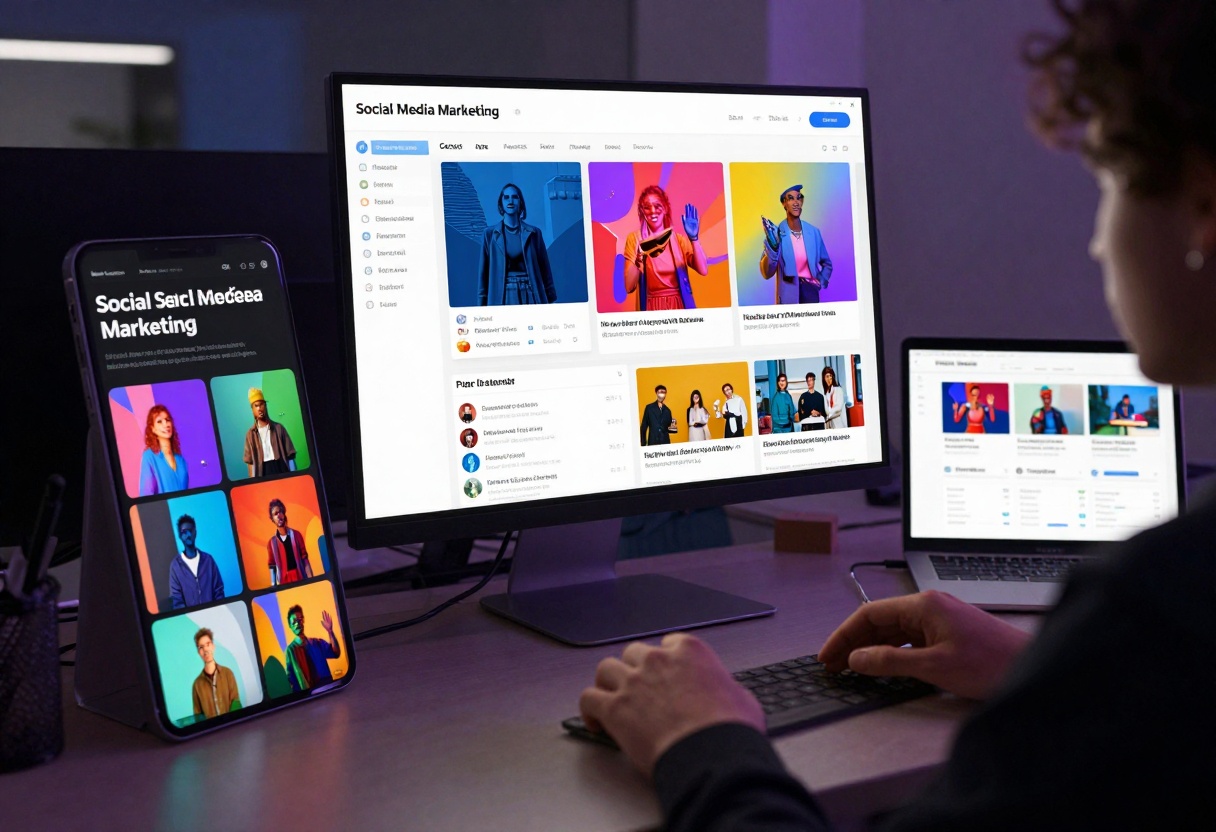 Social media marketing dashboard showing AI-generated content