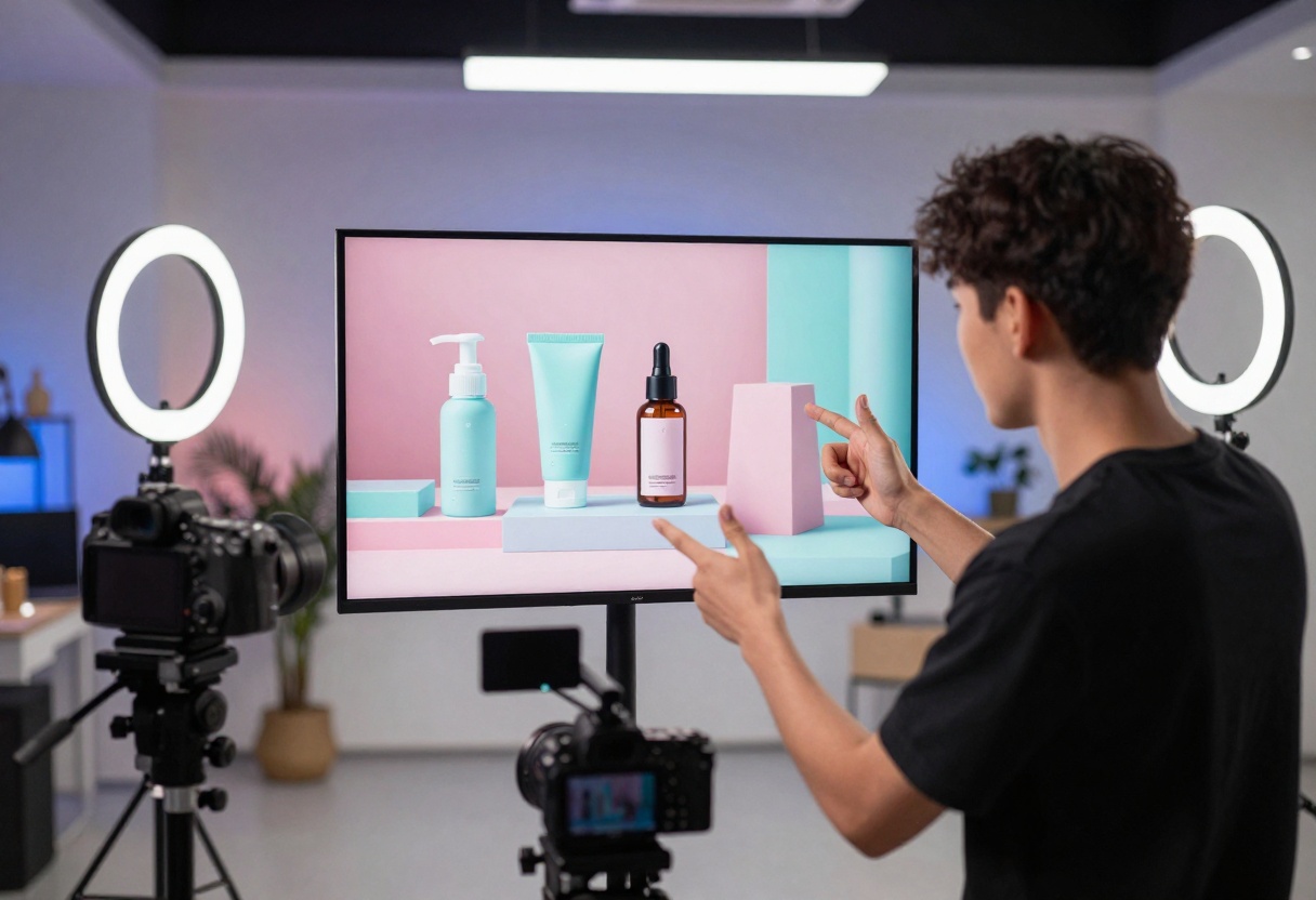 Content creator filming product demo video with AI-enhanced graphics