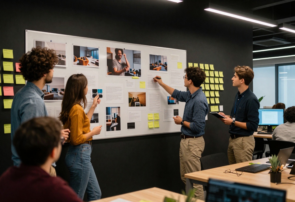 Team brainstorming session with AI-generated mockups on wall