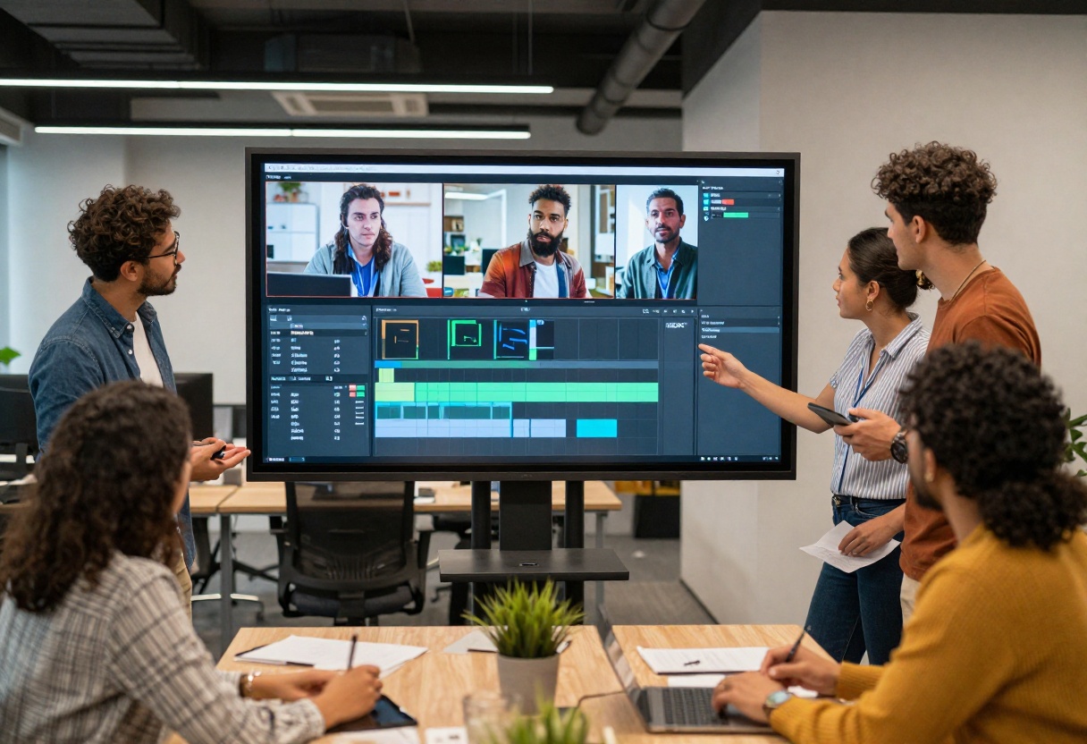 Creative team reviewing video project