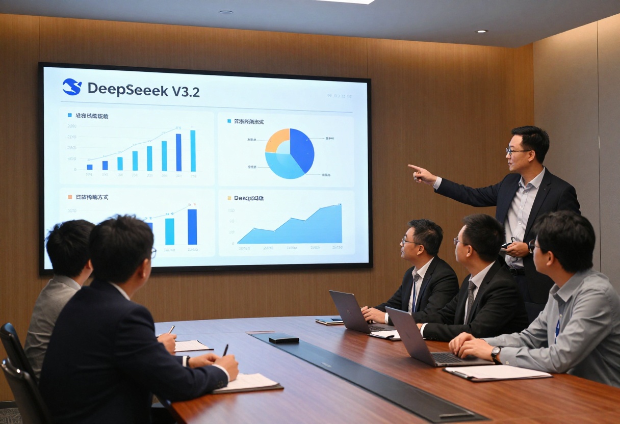 Business meeting reviewing DeepSeek V3.2 implementation results