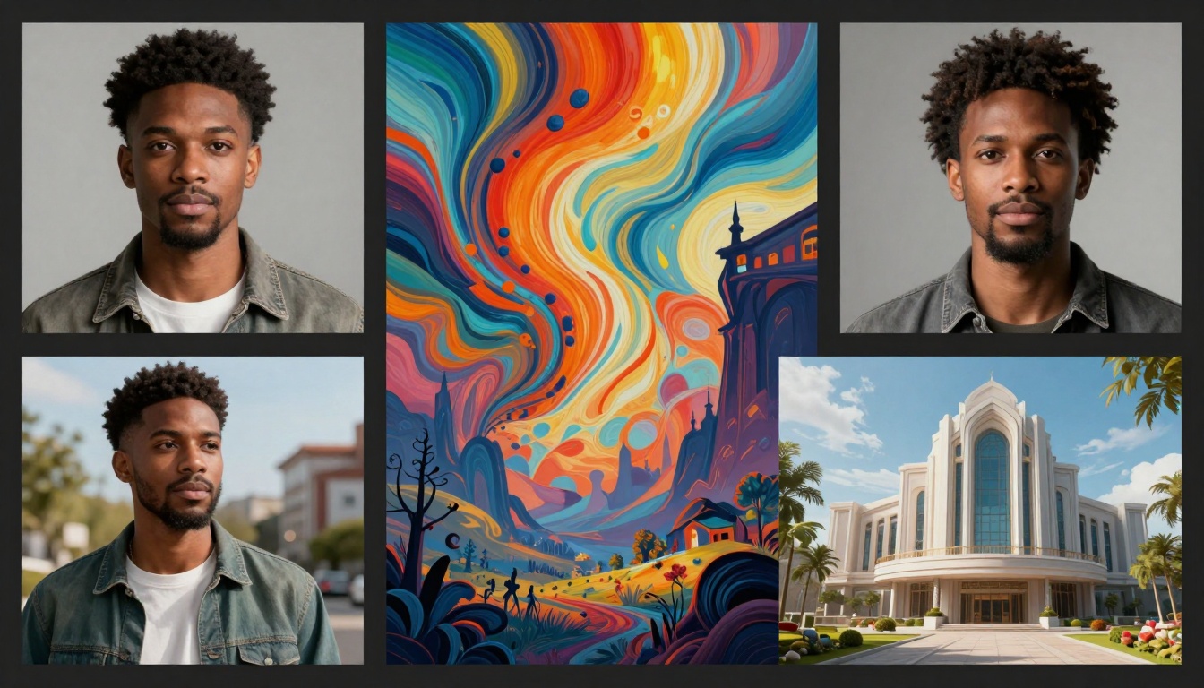 Split screen showing various AI-generated images in different artistic styles