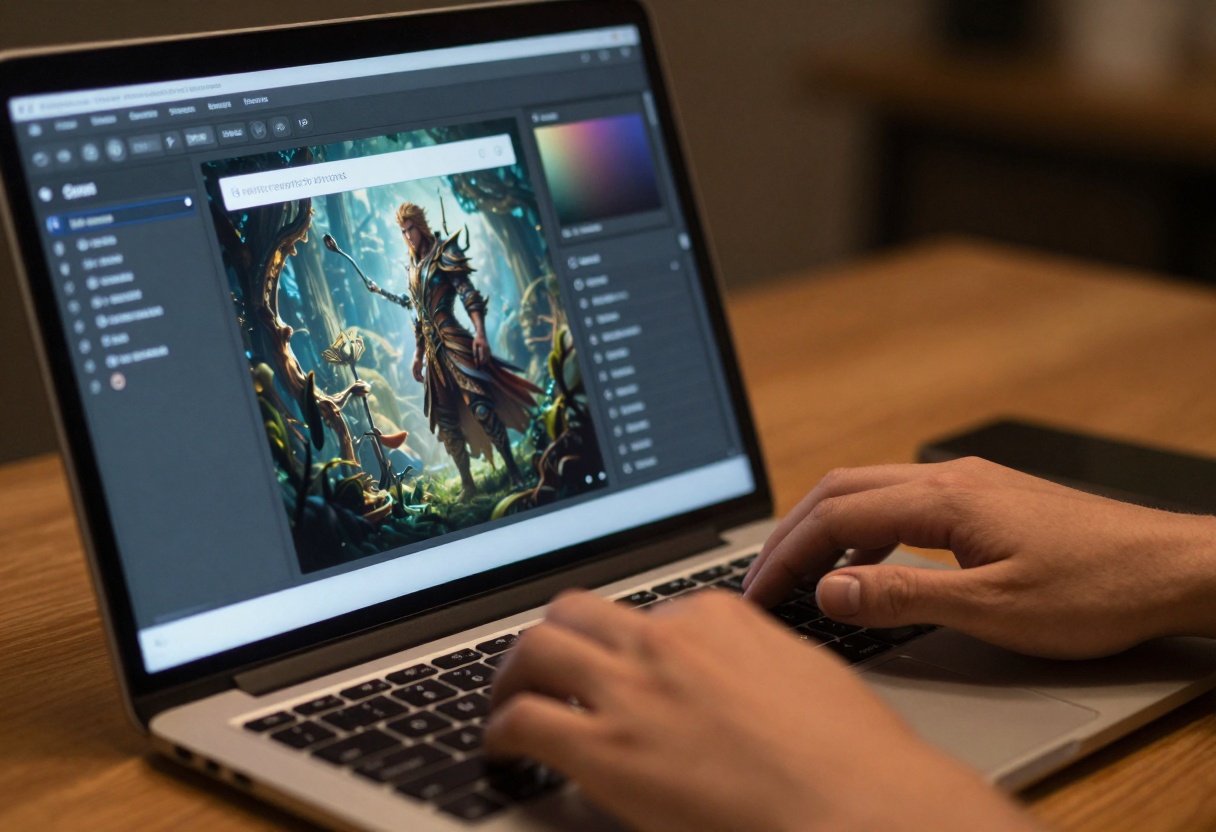 Hands typing on laptop with AI interface showing prompt field and generated artwork