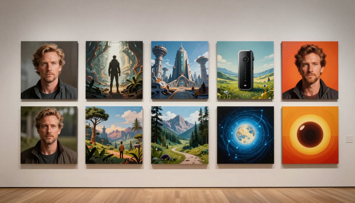 Gallery display of diverse AI-generated images including portraits and landscapes