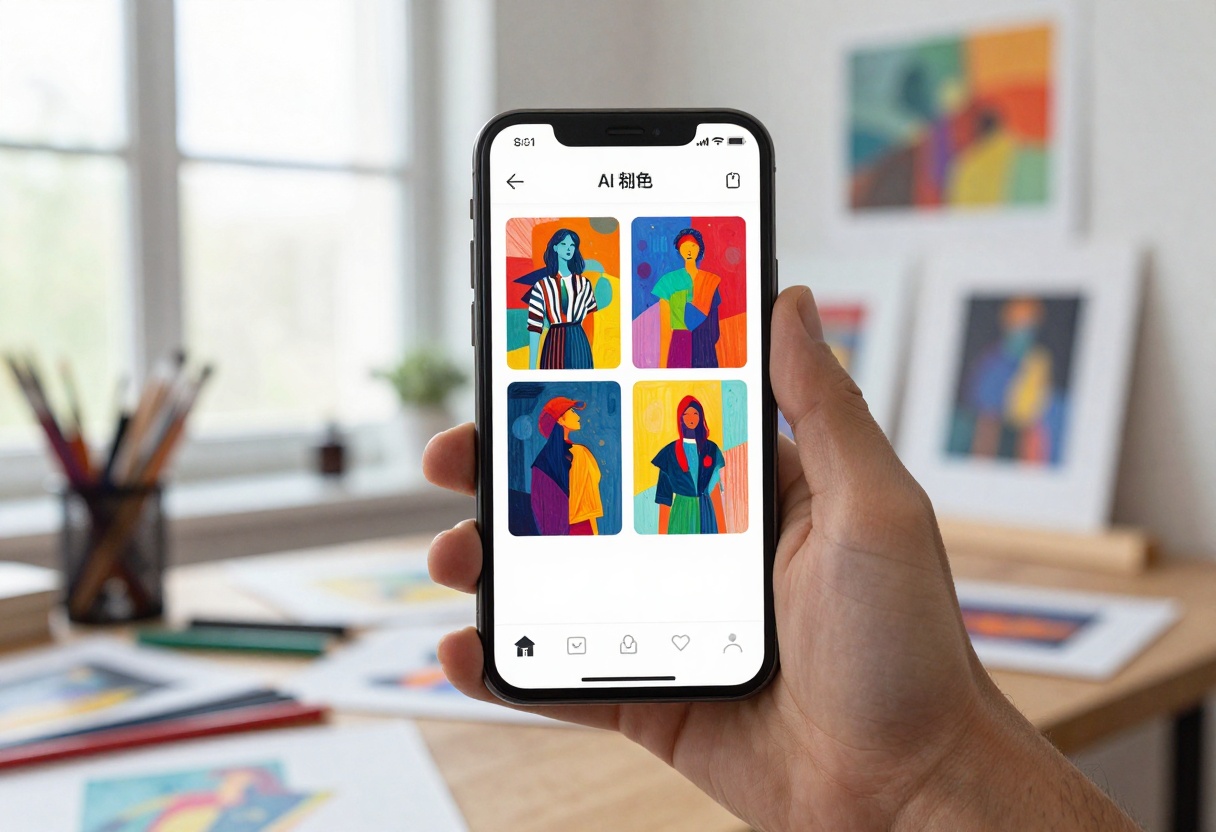 Smartphone displaying AI image generator app with vibrant artwork on screen