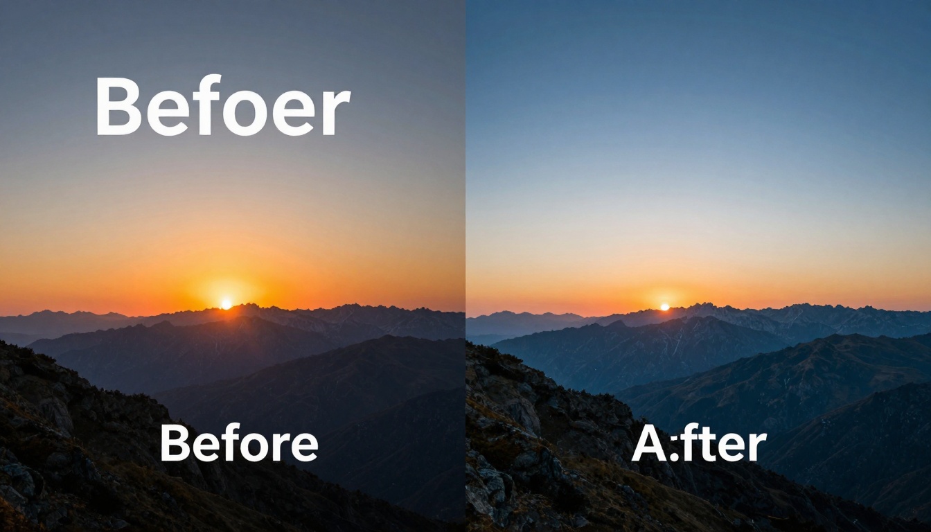 Before and after comparison showing text prompt transforming into stunning landscape image