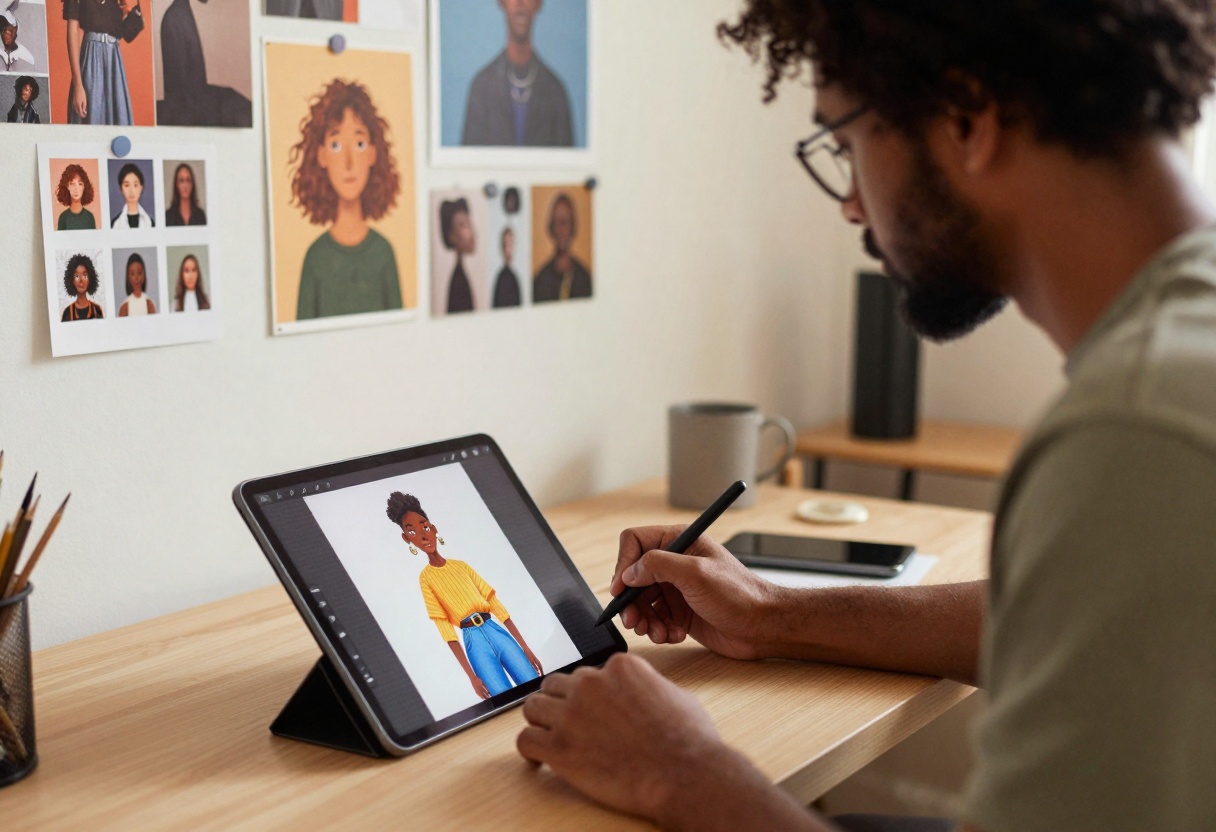 Digital artist working on tablet with AI-generated character design visible