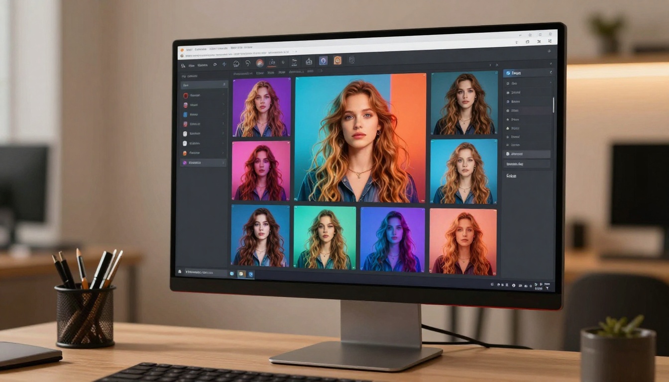 Desktop monitor displaying AI generation dashboard with multiple preview images