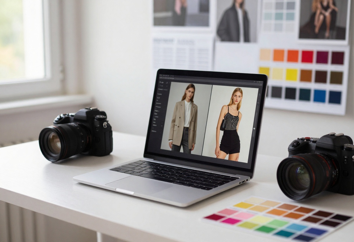 Professional photographer's desk with laptop displaying AI-generated fashion photography