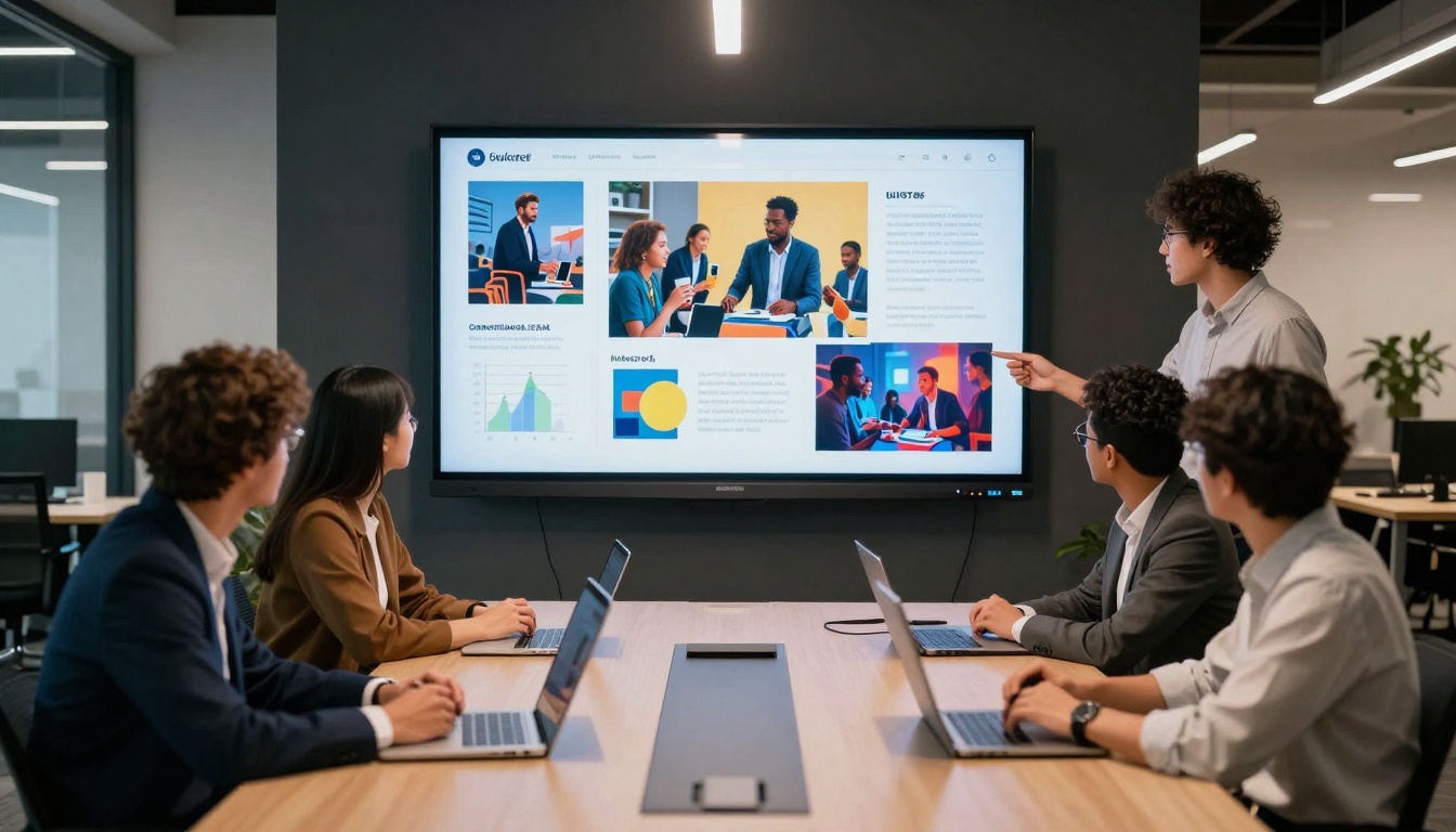 Creative team reviewing AI-generated marketing visuals on large display screen
