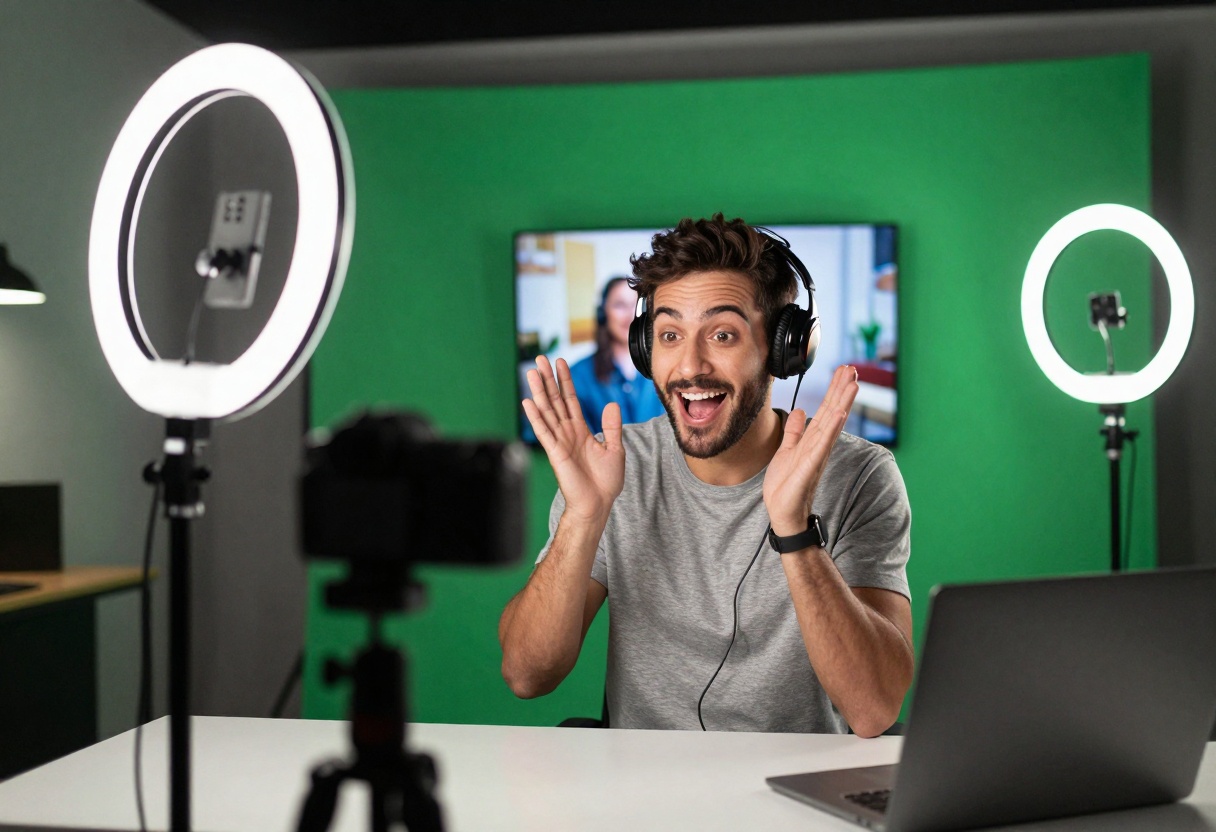 Content creator using AI video background Content creator using AI video background
