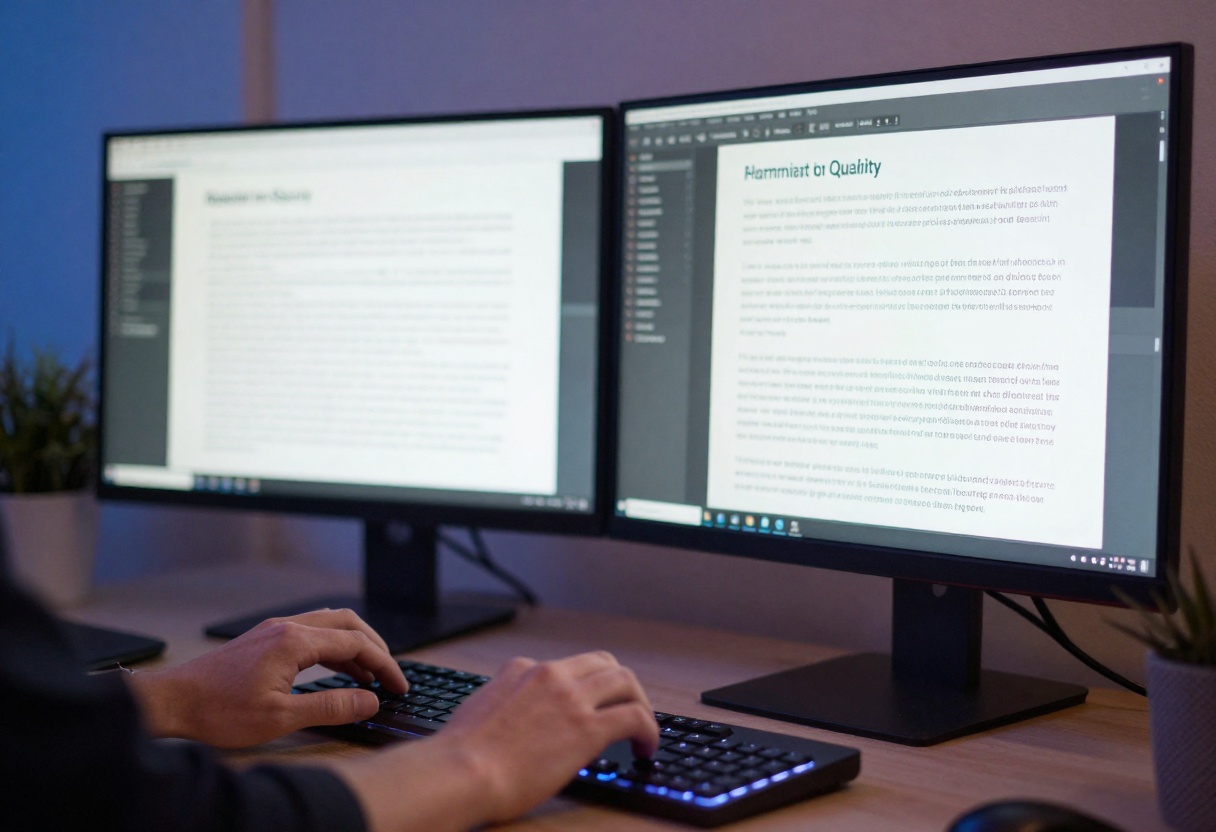 Dual monitors displaying AI-generated text samples side by side