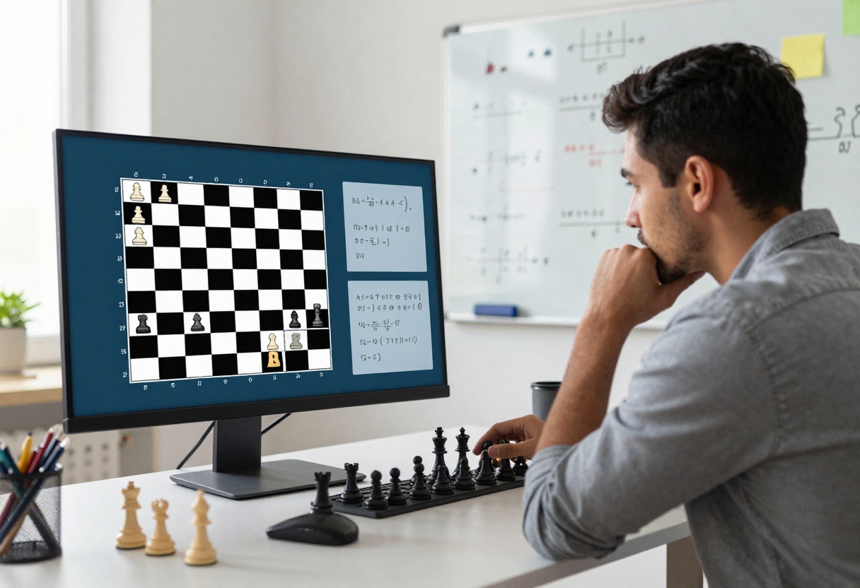 Chess puzzle and mathematical equations displayed during problem-solving