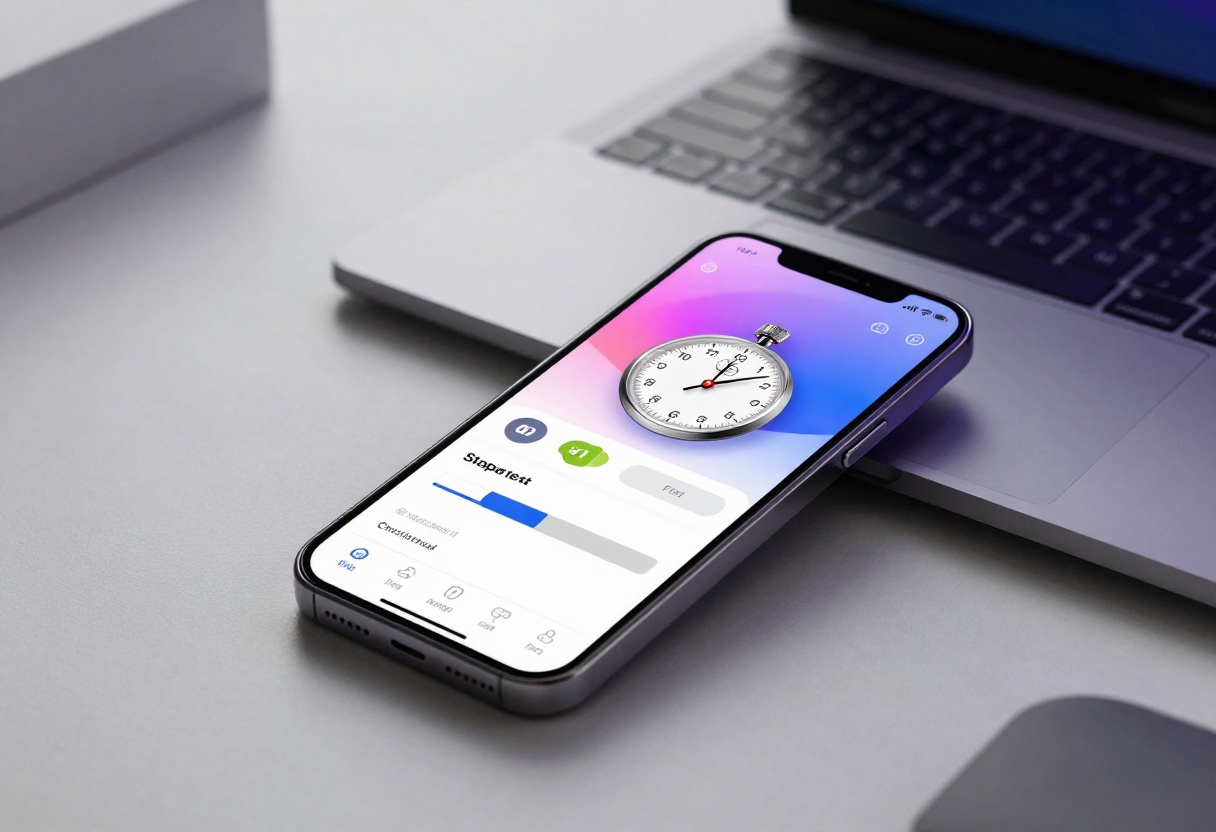 Stopwatch and speed test results showing real-time performance metrics