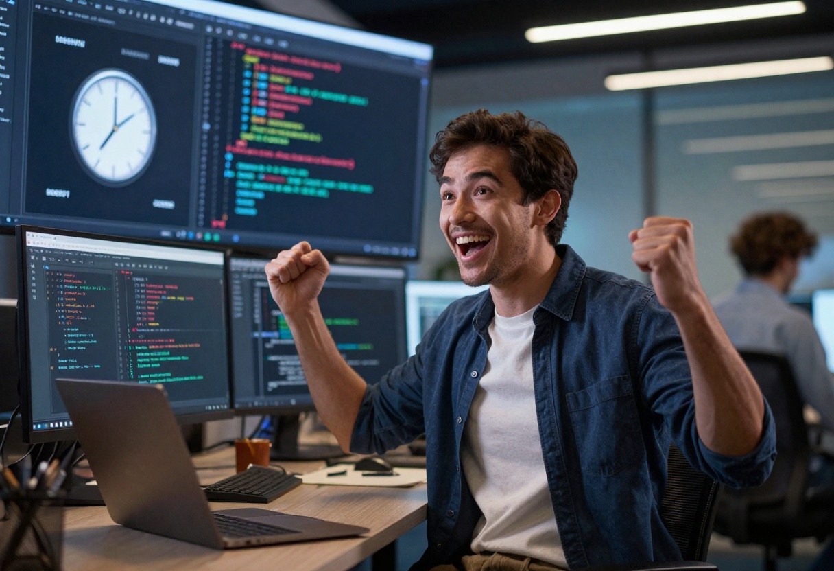 Developer celebrating productivity boost