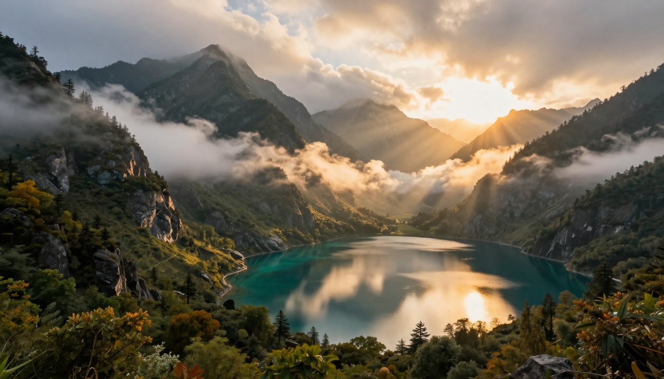 Breathtaking photorealistic landscape with detailed foliage and atmospheric lighting