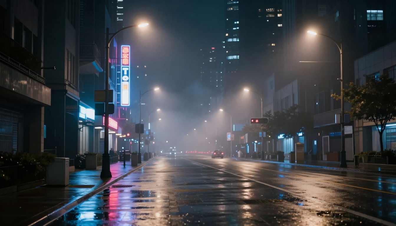Photorealistic urban night scene with accurate lighting and reflections