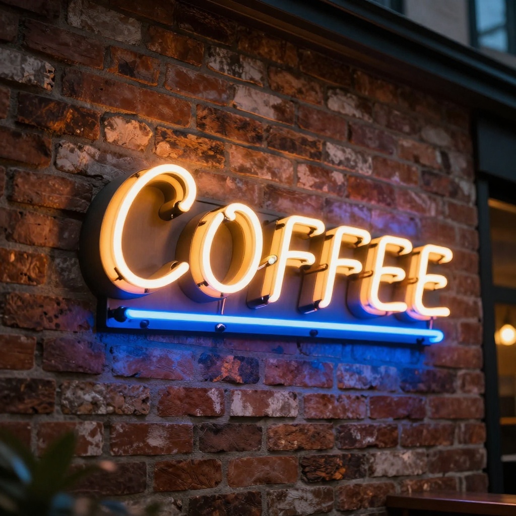 Neon coffee shop sign with perfect lettering