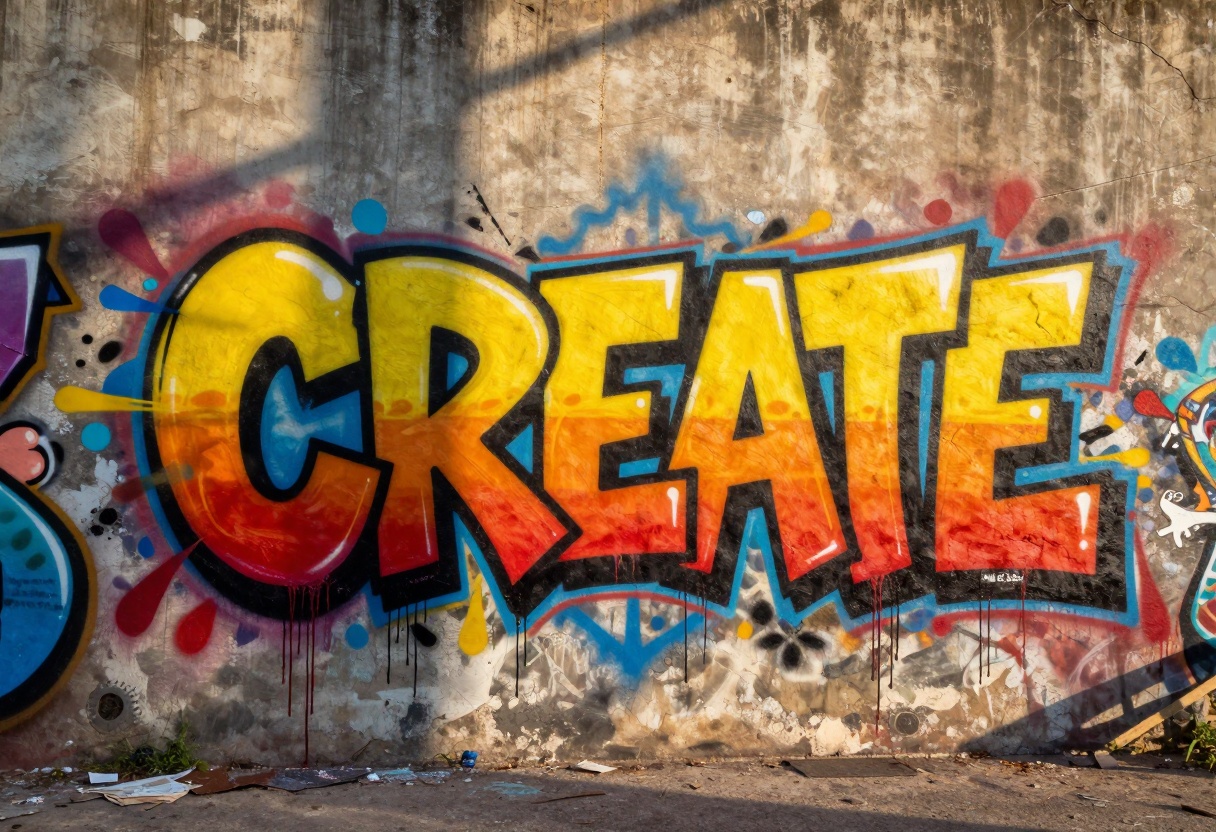 Urban street art with vibrant graffiti text