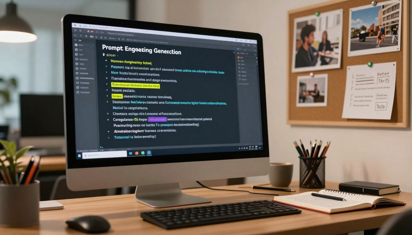 Creative workspace with prompt engineering materials