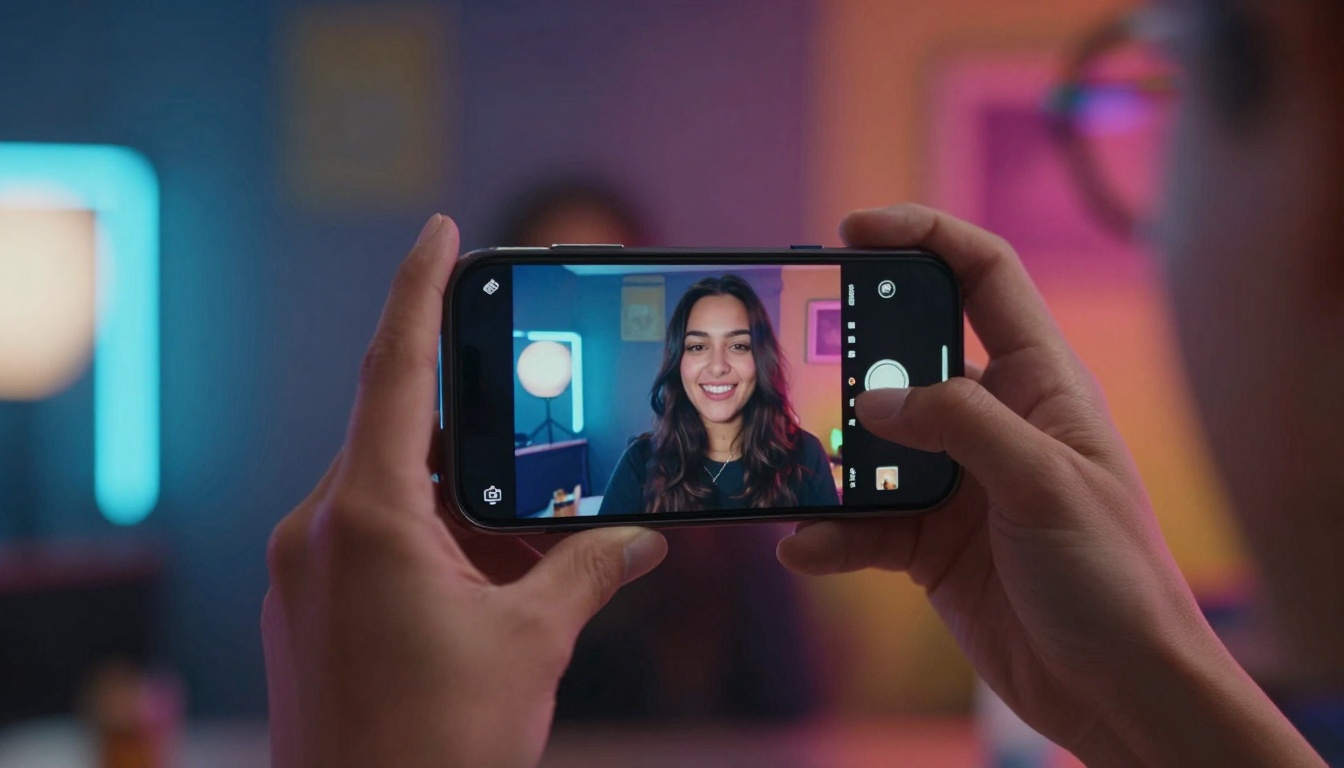 Content creator with smartphone and lighting