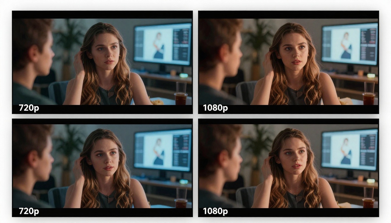 Split-screen comparison of AI video quality at different resolutions