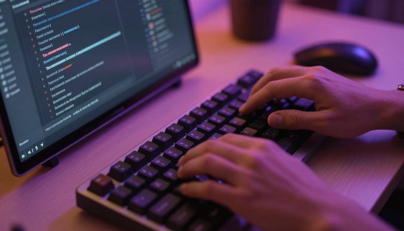 Close-up of hands typing detailed video prompts on keyboard