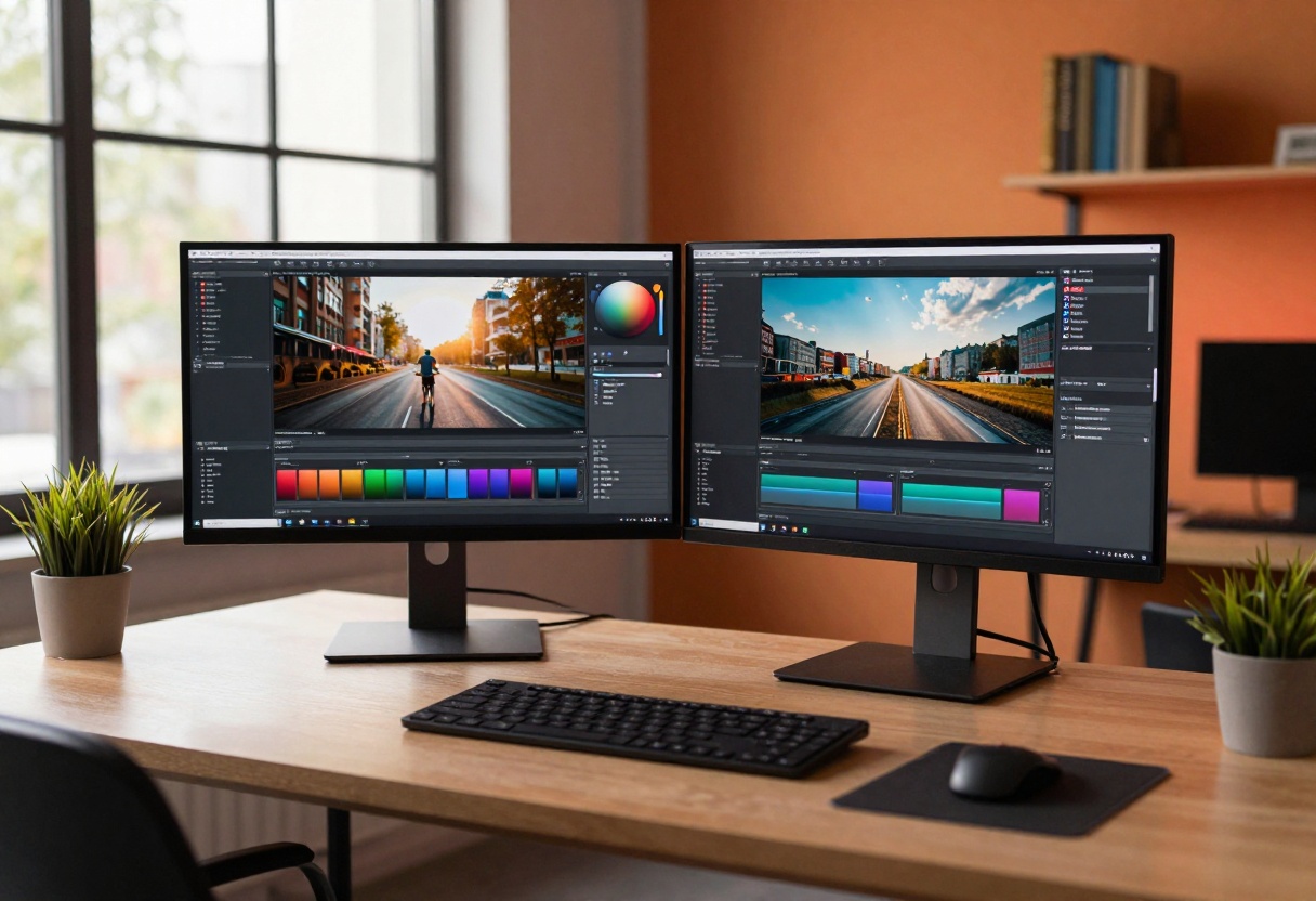 Creative professional workspace with dual monitors showing AI video generation