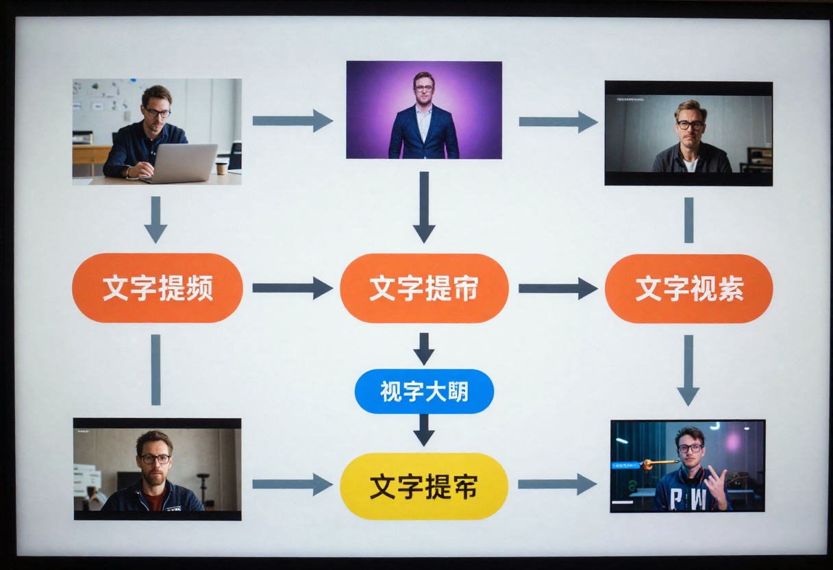 Flowchart showing AI video generation process from text prompt to final output
