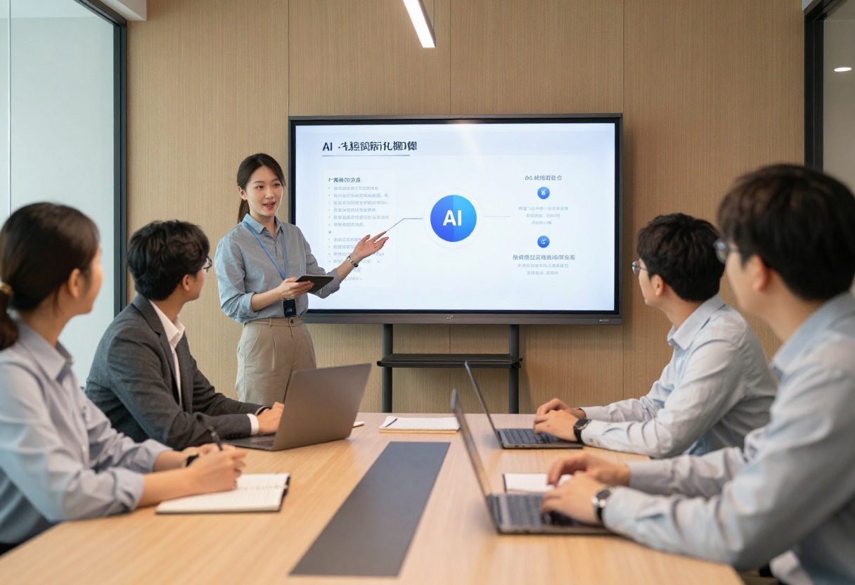 Team collaboration meeting with AI presentation