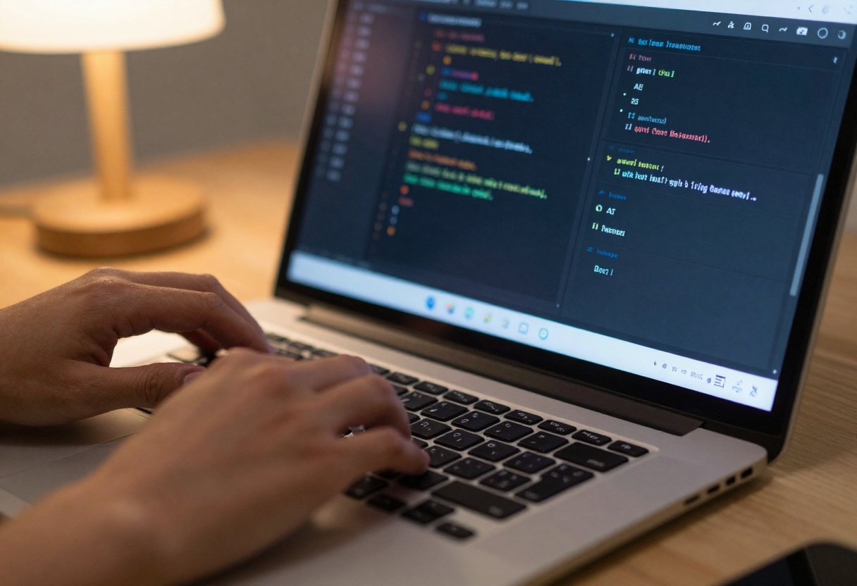 Hands typing with AI code completion