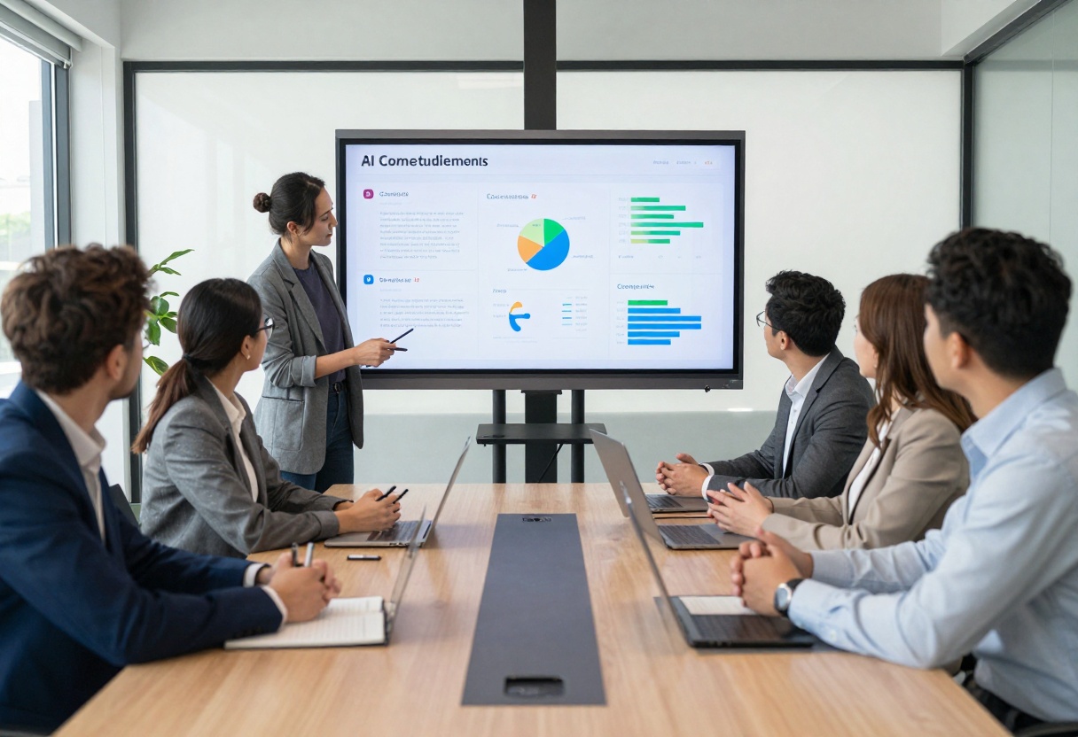 Business team collaborating on AI-generated content