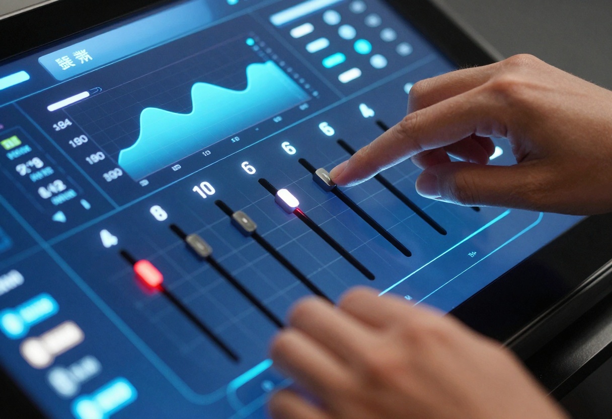 Hands adjusting digital controls on touchscreen interface