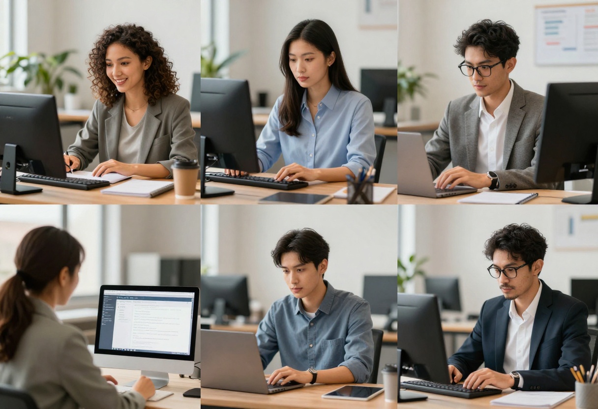 Multiple professionals using AI text generation across contexts