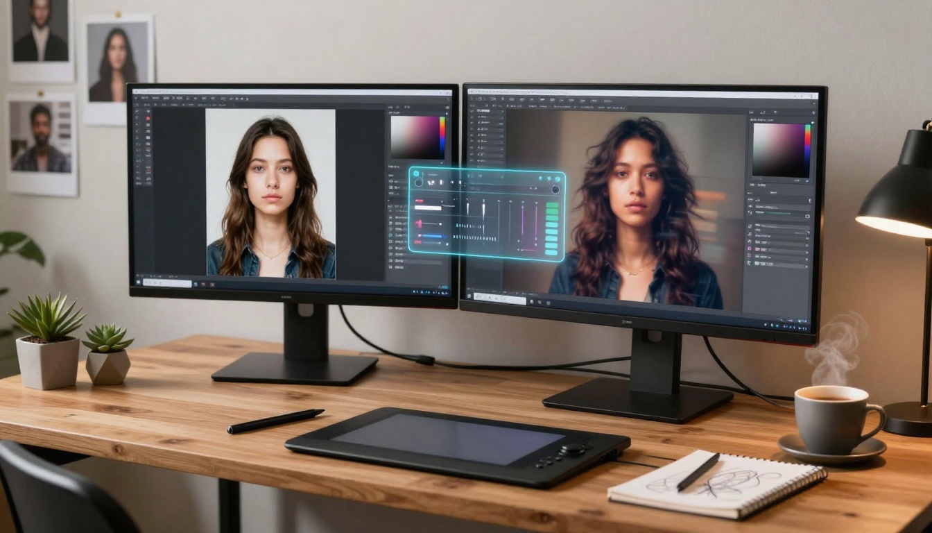 Professional digital art studio with dual monitors displaying AI image-to-video interfaces