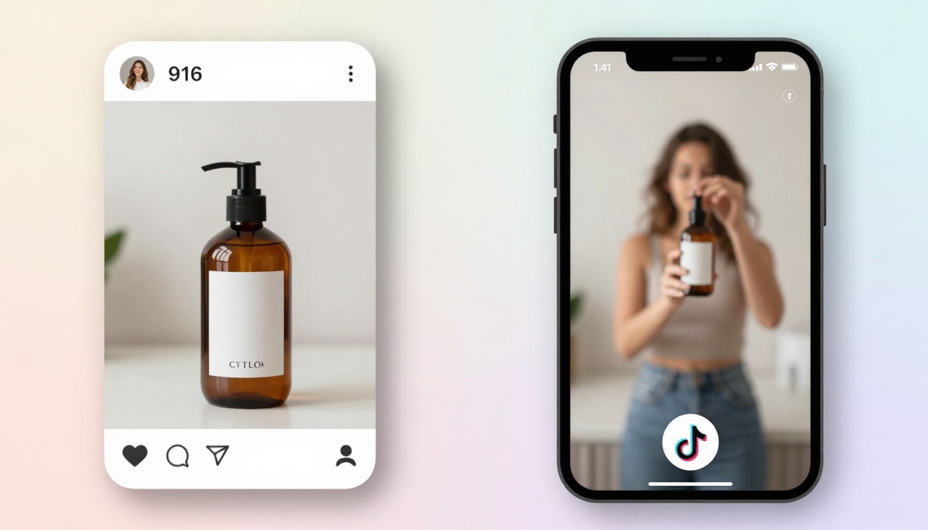 Social media post layout showing static to video transformation for Instagram and TikTok