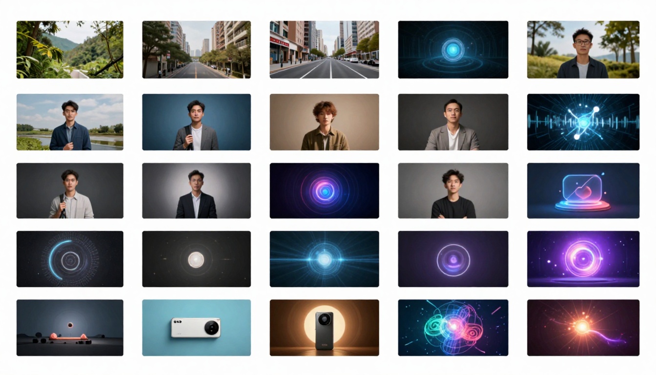 Diverse collection of AI-generated video thumbnails showcasing different content types