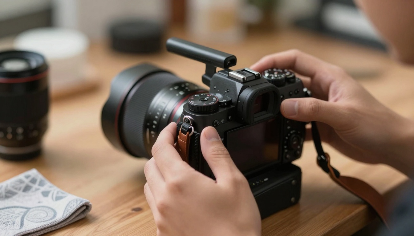 Filmmaker adjusting professional camera settings