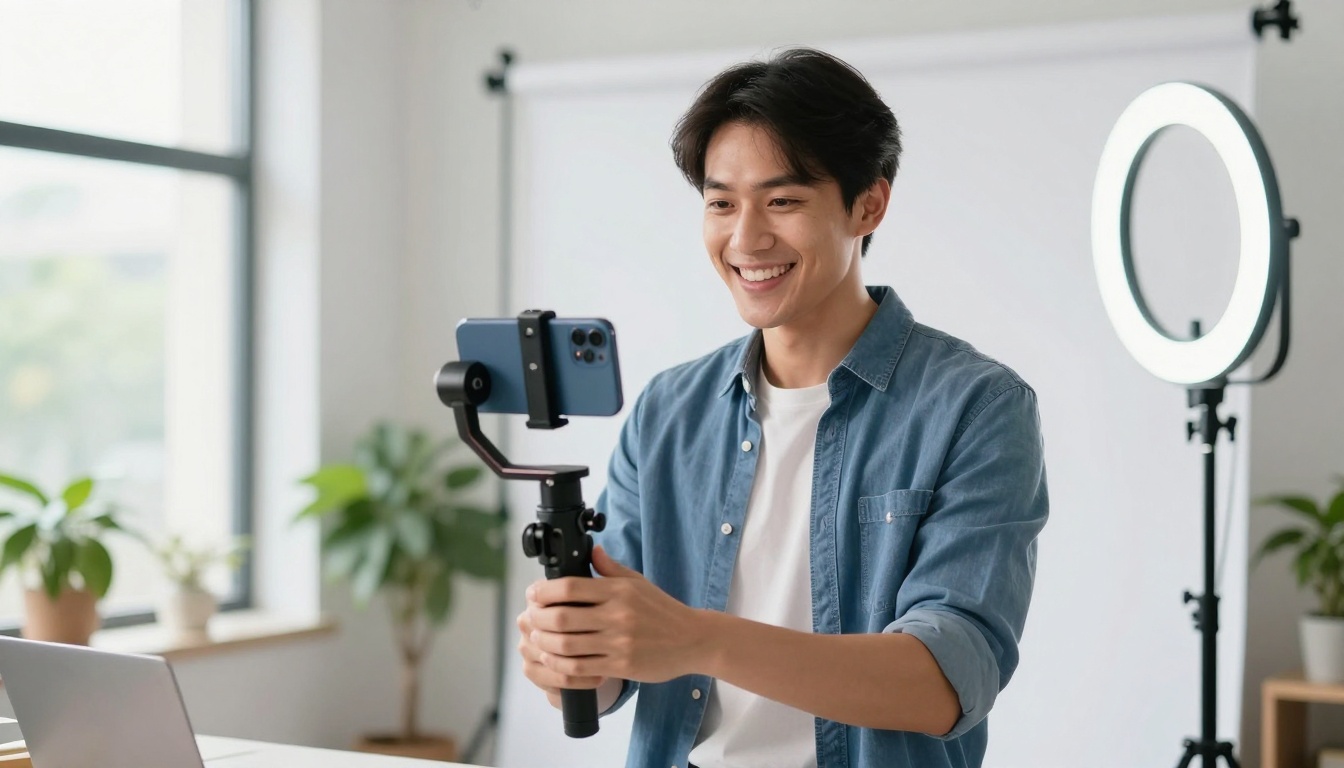 Social media creator filming with professional equipment