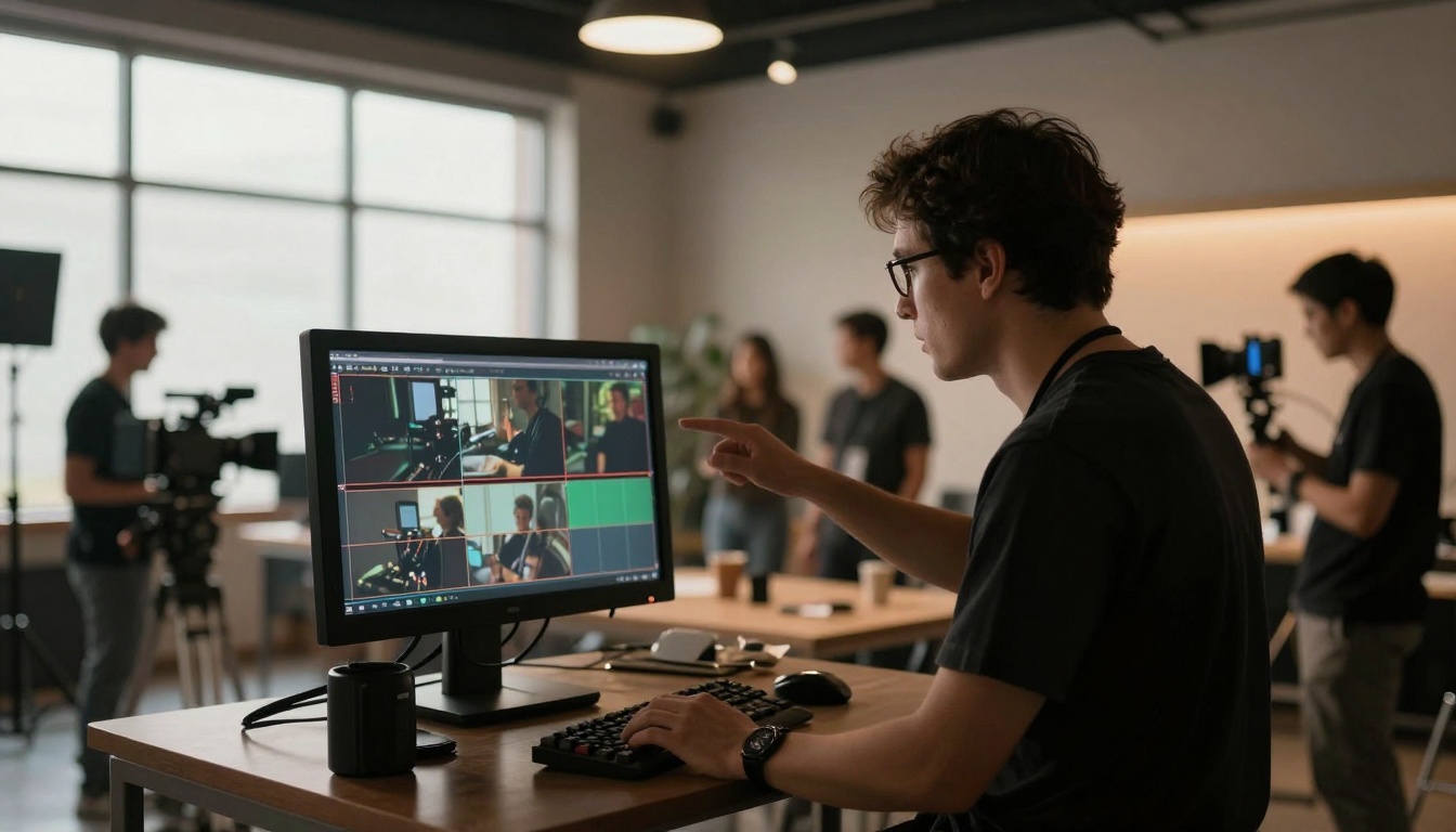 Film production team reviewing footage on professional monitors