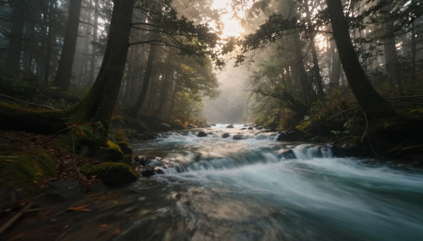 Misty forest with cinematic camera movement through trees