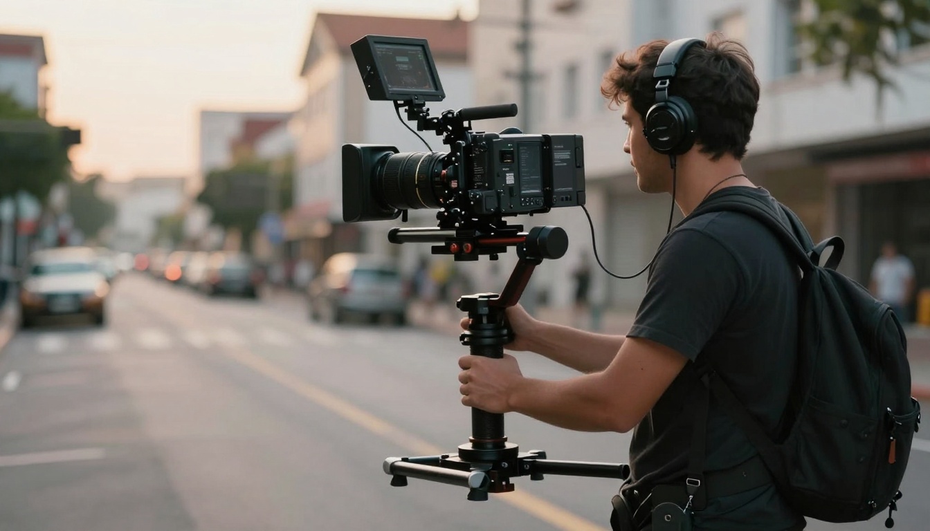 Professional filmmaker operating camera gimbal in urban environment