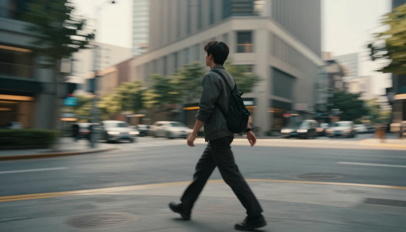 Cinematic tracking shot following person walking through city street