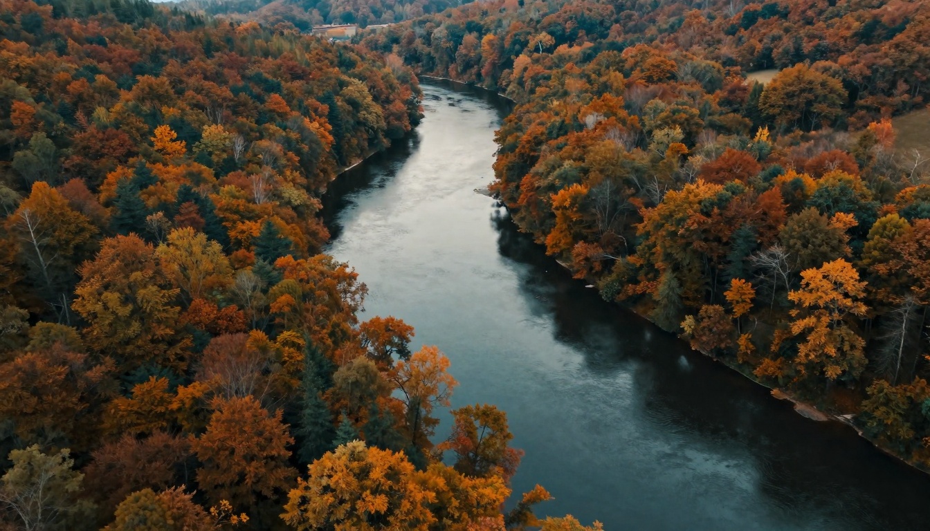 Aerial drone view over winding river through autumn forest