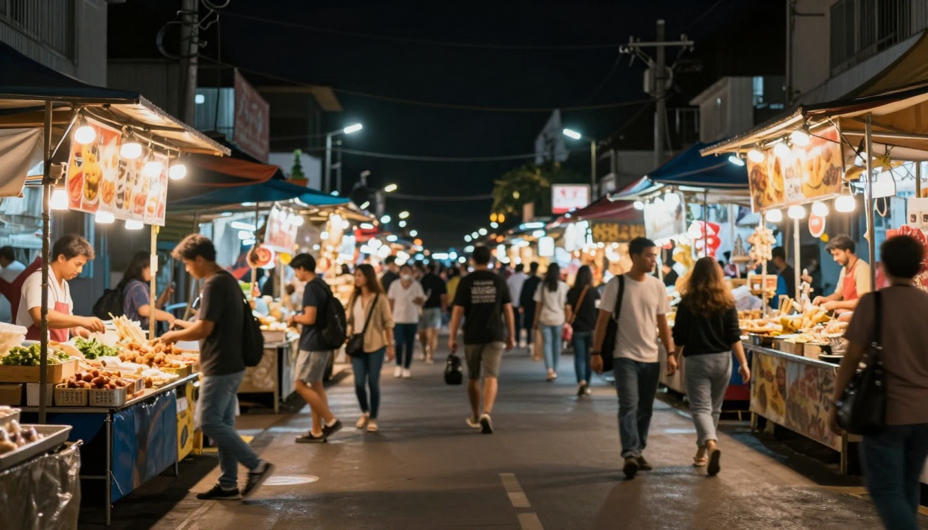 Night market scene with cinematic camera glide effect