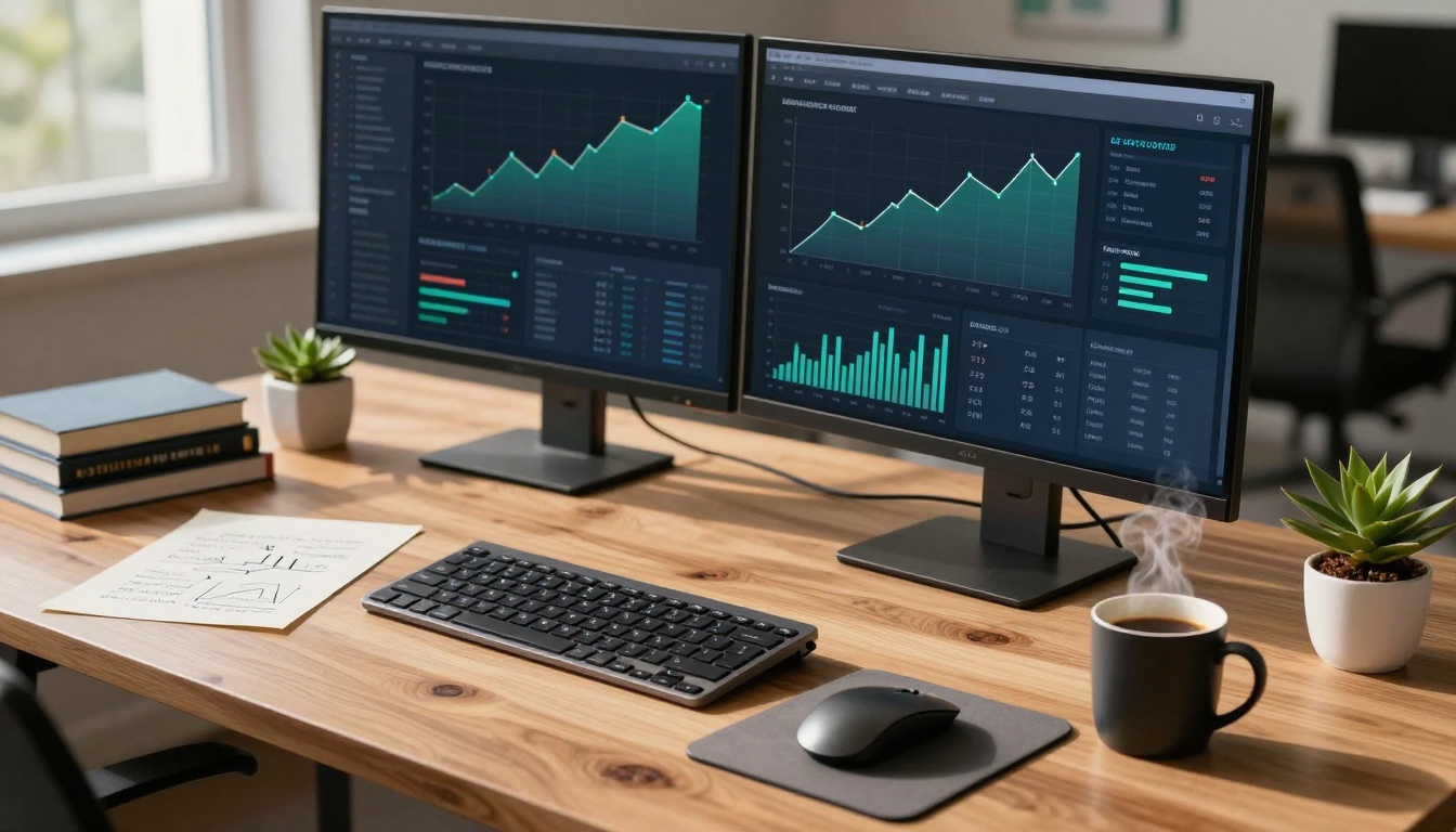 Professional office workspace with analytics displayed on monitors
